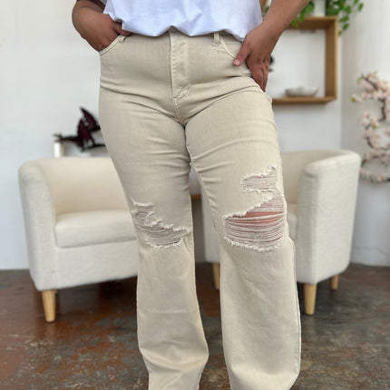 Judy Blue Full Size High Waist Distressed Wide Leg Jeans