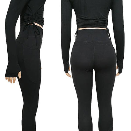 SPORTS YOGA POCKET LEGGINGS TOP SET: Black