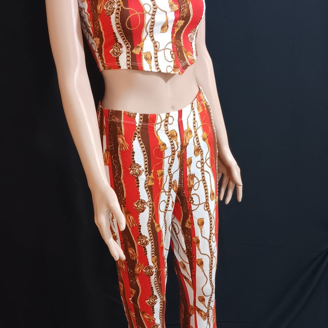 Baroque chain print crop top and flared pant 2 piece set