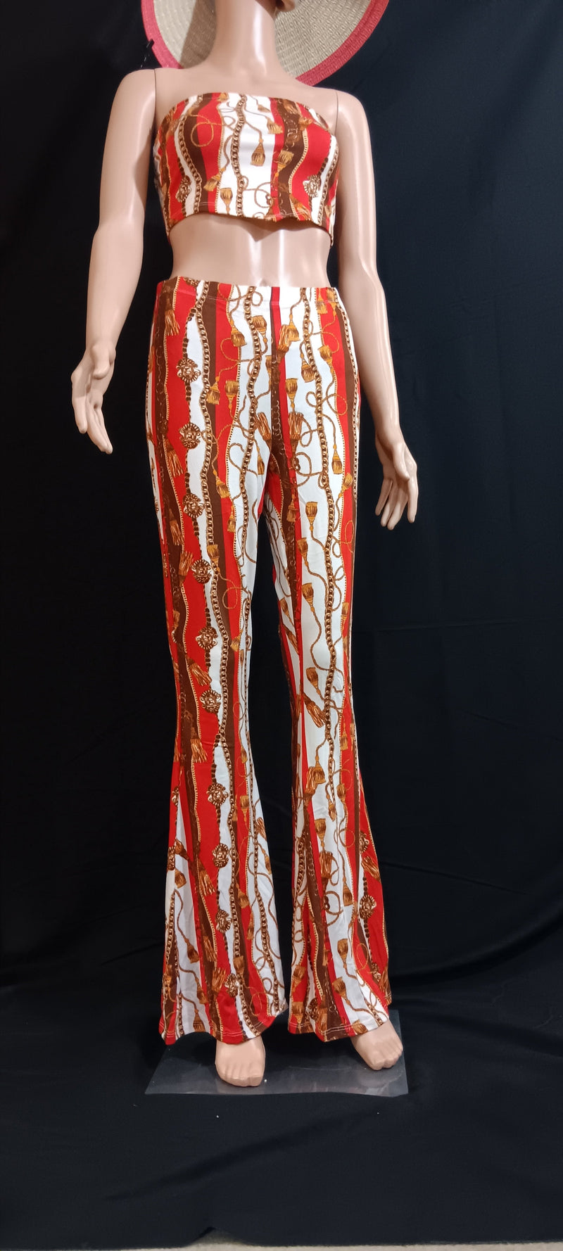 Baroque chain print crop top and flared pant 2 piece set