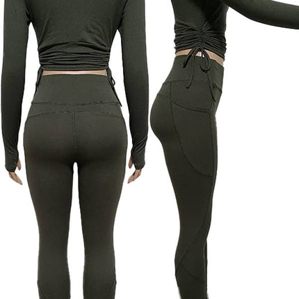 SPORTS YOGA POCKET LEGGINGS AND TOP SET OLIVE
