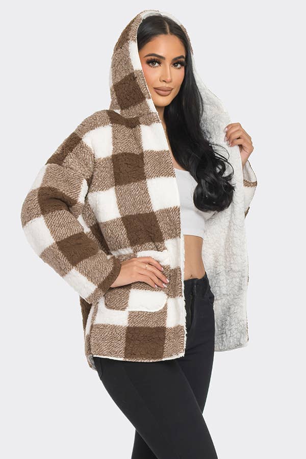 Checker Pattern Fluffy Fuzzy Fur Hoodie Jacket: Brown