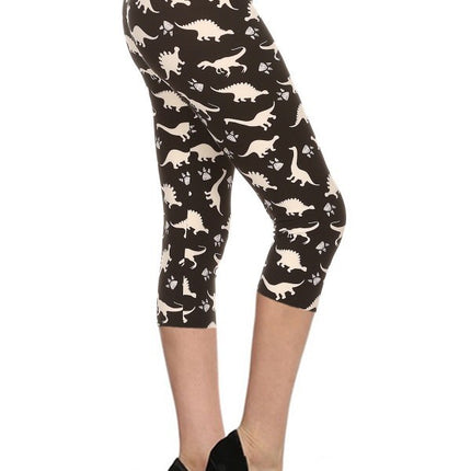 Dinosaur Printed High Waisted Capri Leggings With An Elastic Waist