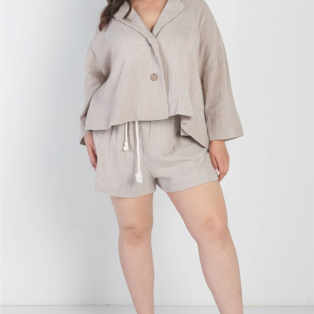 Plus Grey Button-up Collared Neck Blazer High Waist Shorts Set