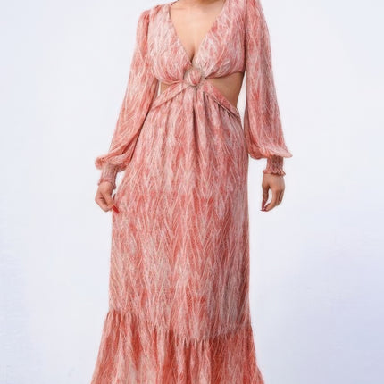 Printed V Neck Self Belted Side Cut Out Ruffled Maxi Dress