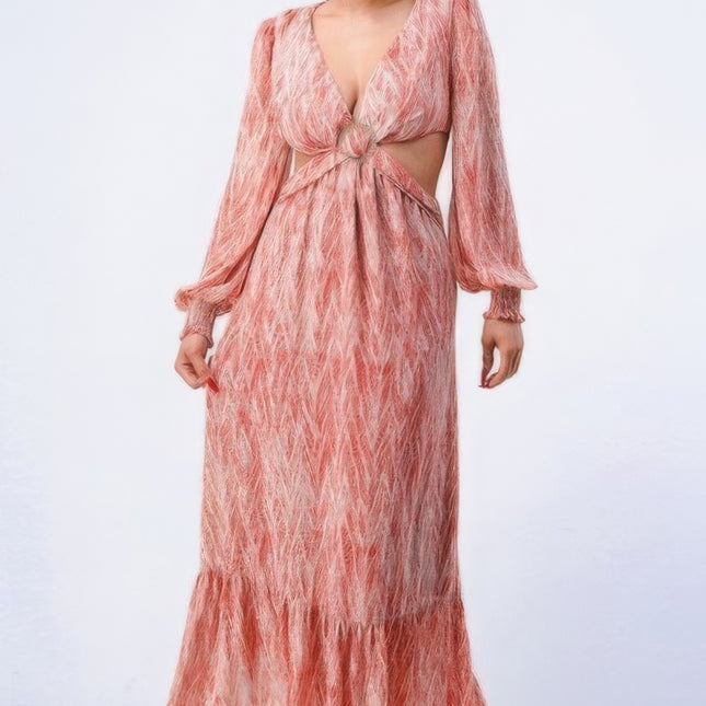 Printed V Neck Self Belted Side Cut Out Ruffled Maxi Dress