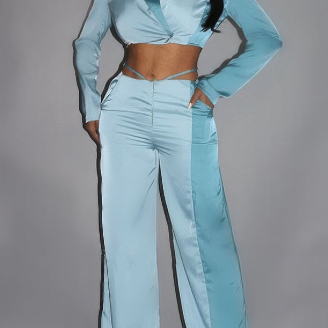 Colorblock Crop Blazer With Matching Low Rise Wide Leg Pant Set With Pockets
