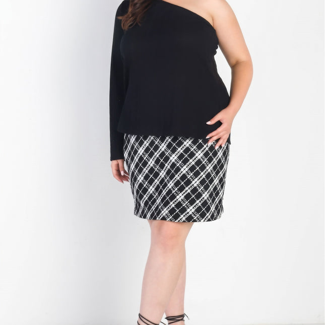 Plus Black Ribbed One Shoulder Top