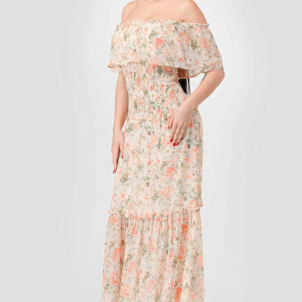 Floral Chiffon Off Shoulder Smocked Back Ruffled Tiered Maxi Dress