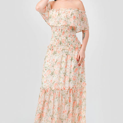 Floral Chiffon Off Shoulder Smocked Back Ruffled Tiered Maxi Dress