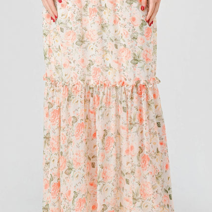 Floral Chiffon Off Shoulder Smocked Back Ruffled Tiered Maxi Dress