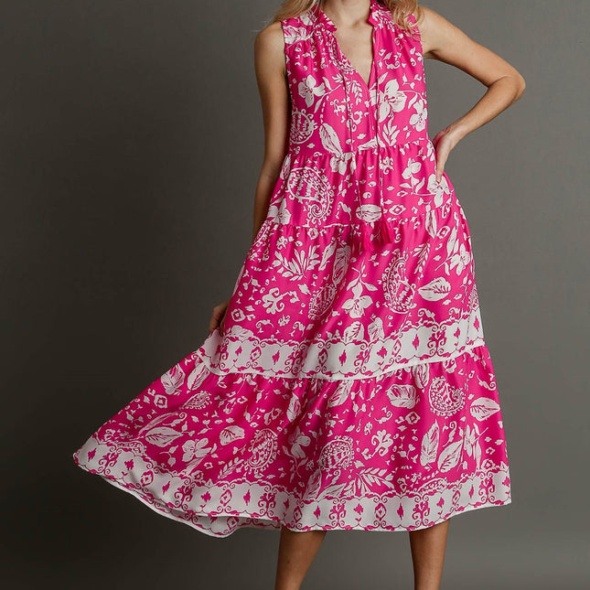Two Tone Floral Paisley Sleeveless Midi Dress