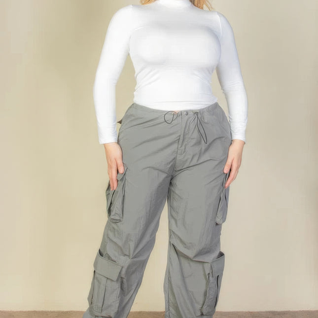Plus Size Flap Pockets Drawstring Ruched Parachute Pants