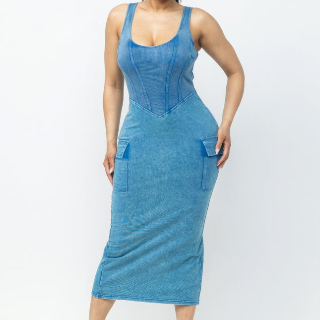 Acid Washed Cargo Midi Dress
