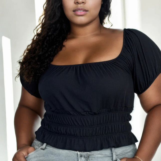 Plus size casual ruched puff sleeve ribbed knit solid top