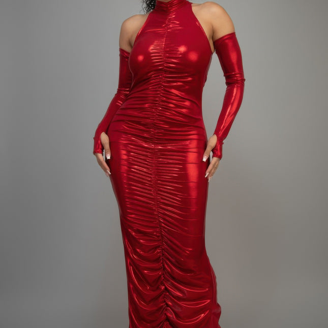 Metallic Ruched Dress With Sleeves
