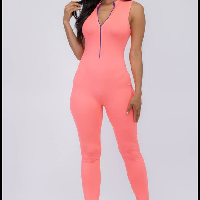 Coral Plus size sleeveless mock neckline Jumpsuit