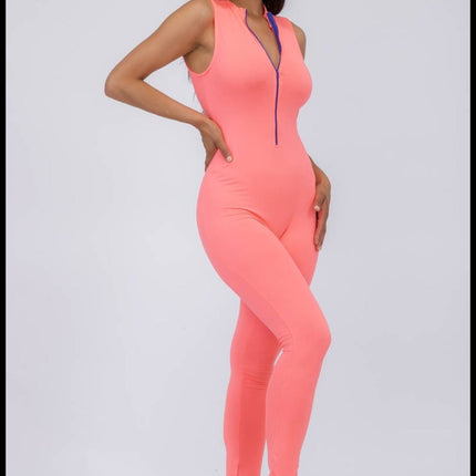 Coral Plus size sleeveless mock neckline Jumpsuit