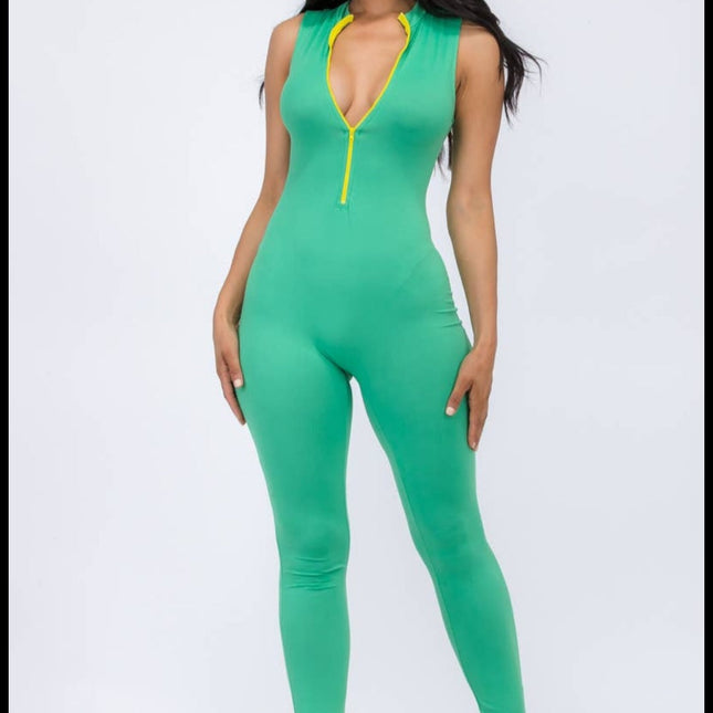 Green Plus size sleeveless mock neckline Jumpsuit