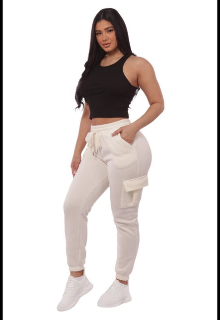 Cream Women's Fleeced Lined Cargo Jogger Sweatpants