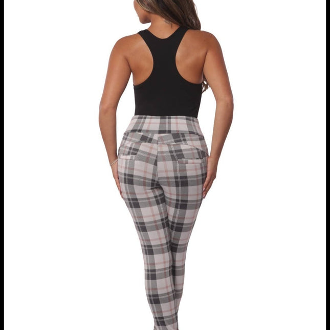 Plaid sculpting treggings with waist button detail