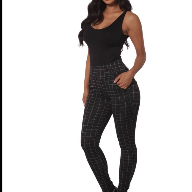 Black Plaid sculpting treggings with waist button detail