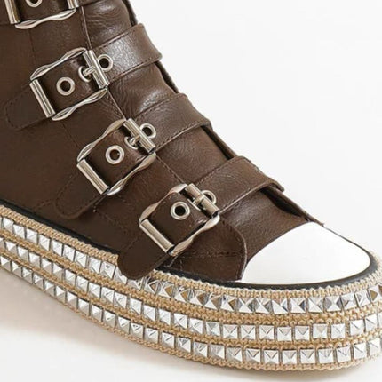 Beast Fashion Multi-Buckle Straps Studded Platform Sneakers