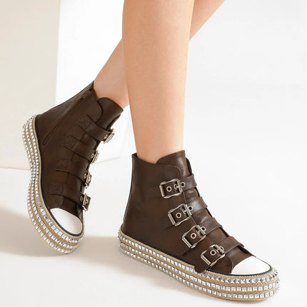 Beast Fashion Multi-Buckle Straps Studded Platform Sneakers