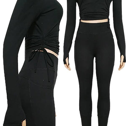 SPORTS YOGA POCKET LEGGINGS TOP SET: Black