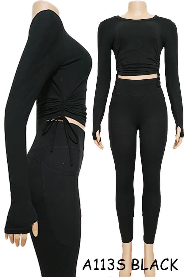 SPORTS YOGA POCKET LEGGINGS TOP SET: Black