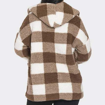 Checker Pattern Fluffy Fuzzy Fur Hoodie Jacket: Brown