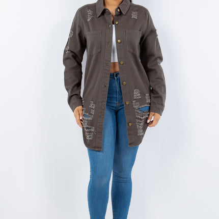 American Bazi Distressed Button Up Long Sleeve Denim Jacket