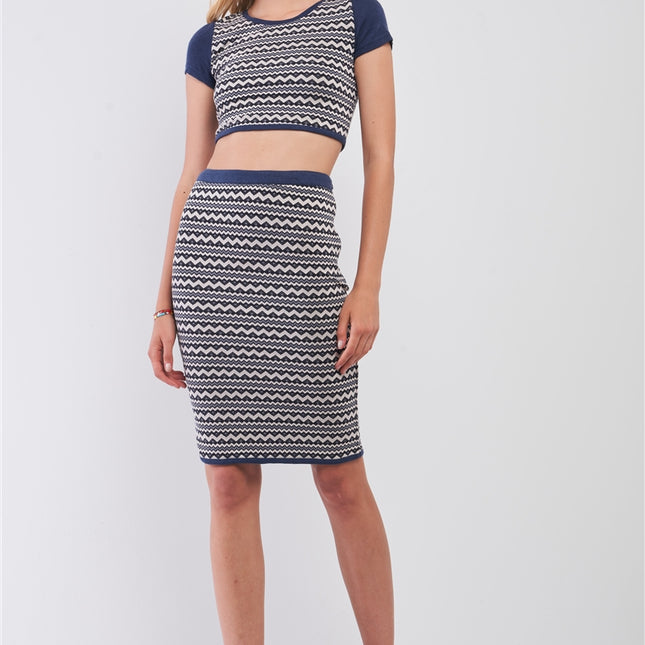 Navy & White Geometrical Pattern Short Sleeve Crop Top & High-waisted Pencil Skirt Two Piece Set