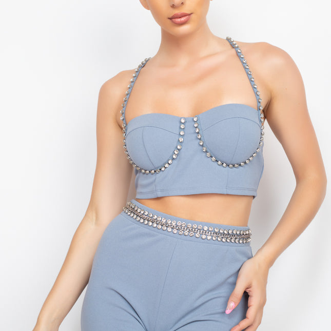 Stone Embellished Top And Pants Set