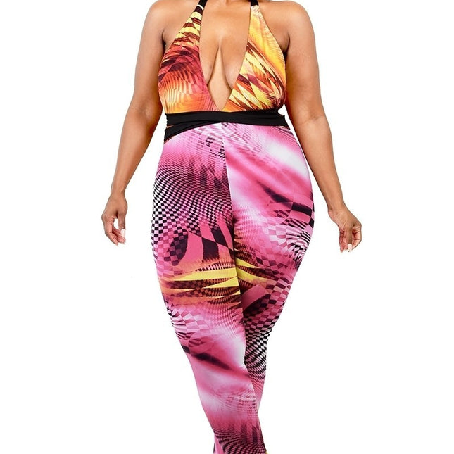 Plus Color Pattern Criss Cross Mock Neck Jumpsuit