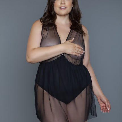 Deep V-neck Mesh Babydoll 1 Pc
