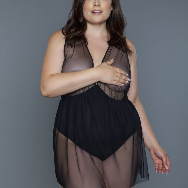 Deep V-neck Mesh Babydoll 1 Pc
