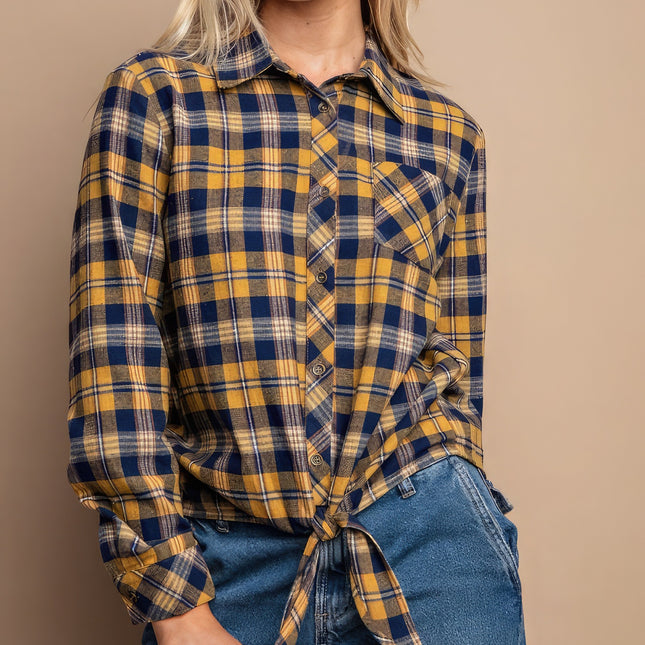Tie Front Button Down Plaid Shirt With Front Pocket