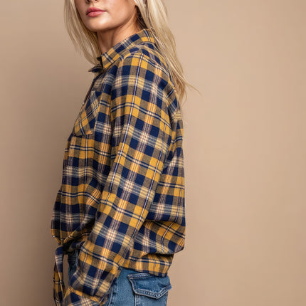 Tie Front Button Down Plaid Shirt With Front Pocket