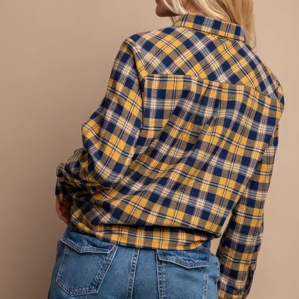 Tie Front Button Down Plaid Shirt With Front Pocket