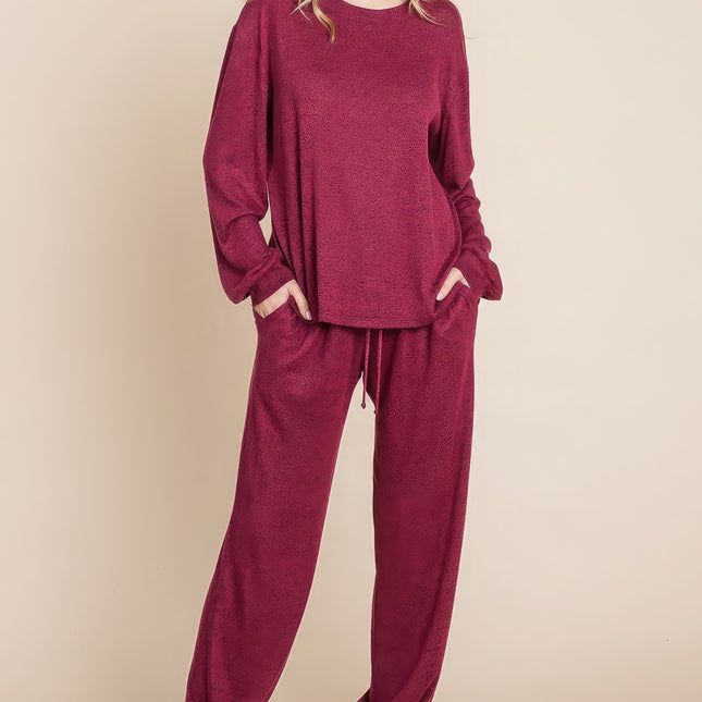 Two Tone Solid Warm And Soft Hacci Brush Loungewear Set