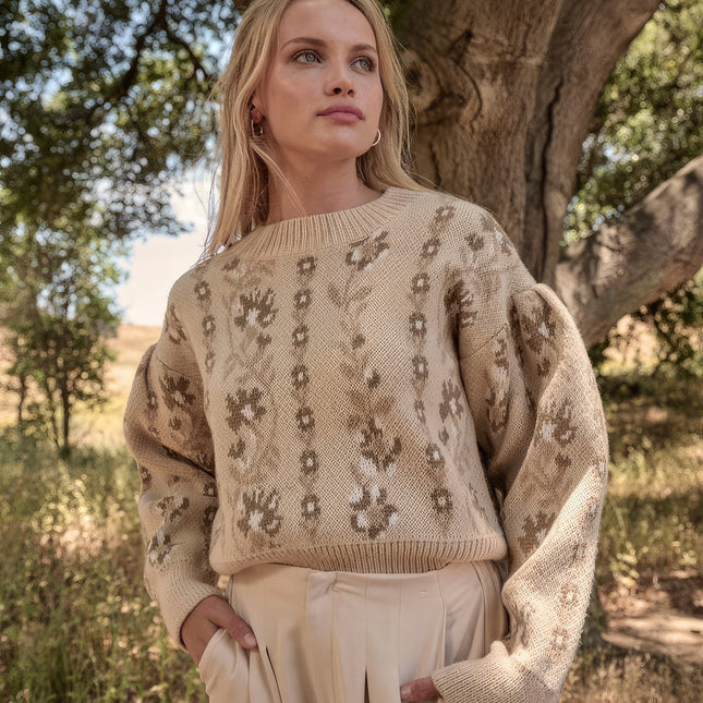 Floral Round Neck Long Sleeve Relax Fit Sweater