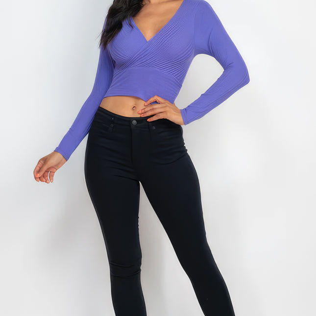 Ribbed Wrap Front Long Sleeve Top