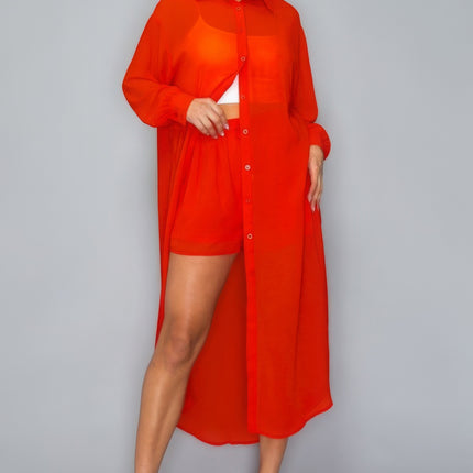 Chiffon Button Down Long Sleeve Side Slit Long Top With Short Set