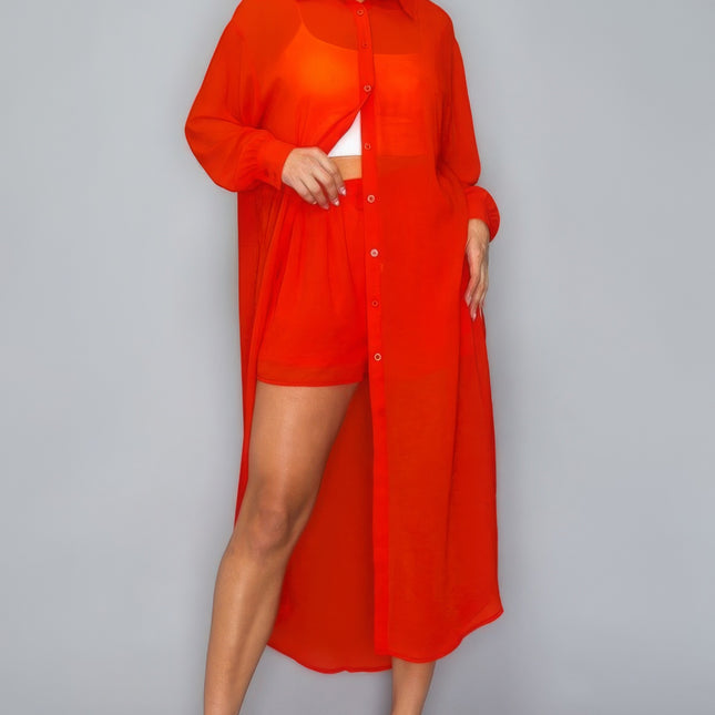 Chiffon Button Down Long Sleeve Side Slit Long Top With Short Set