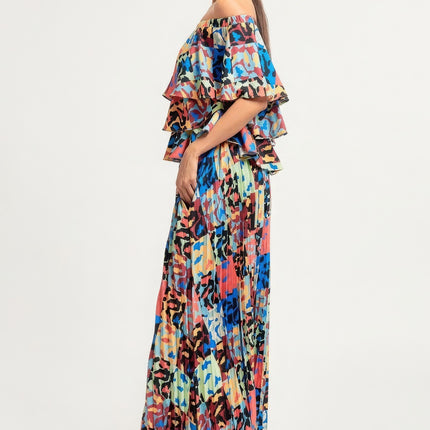 Printed Ruffle Top And Pleated Skirt Set
