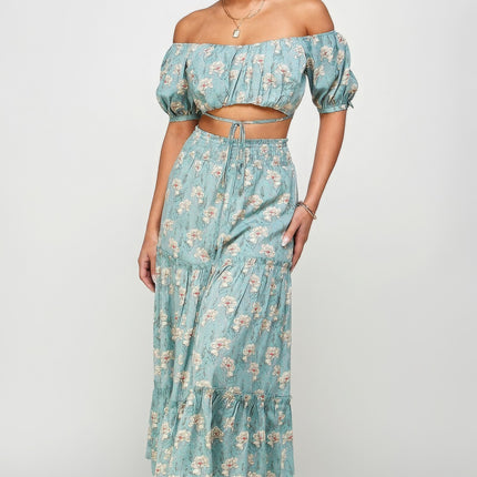 Floral Off Shoulder Sleeve Back Tie Top Skirt Set