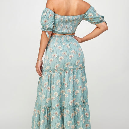 Floral Off Shoulder Sleeve Back Tie Top Skirt Set