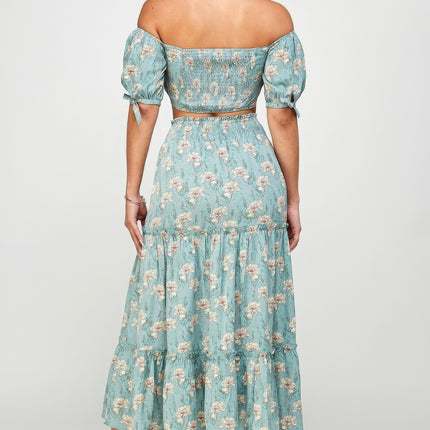 Floral Off Shoulder Sleeve Back Tie Top Skirt Set