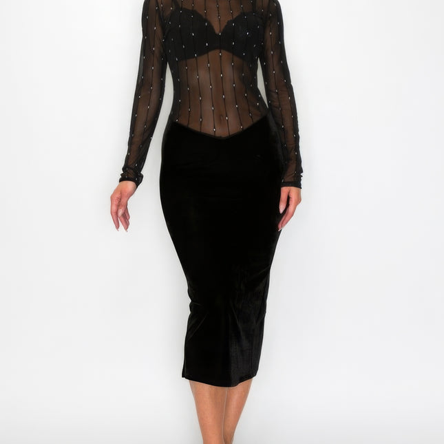 Velvet Sheer Contrast Holiday Midi Dress